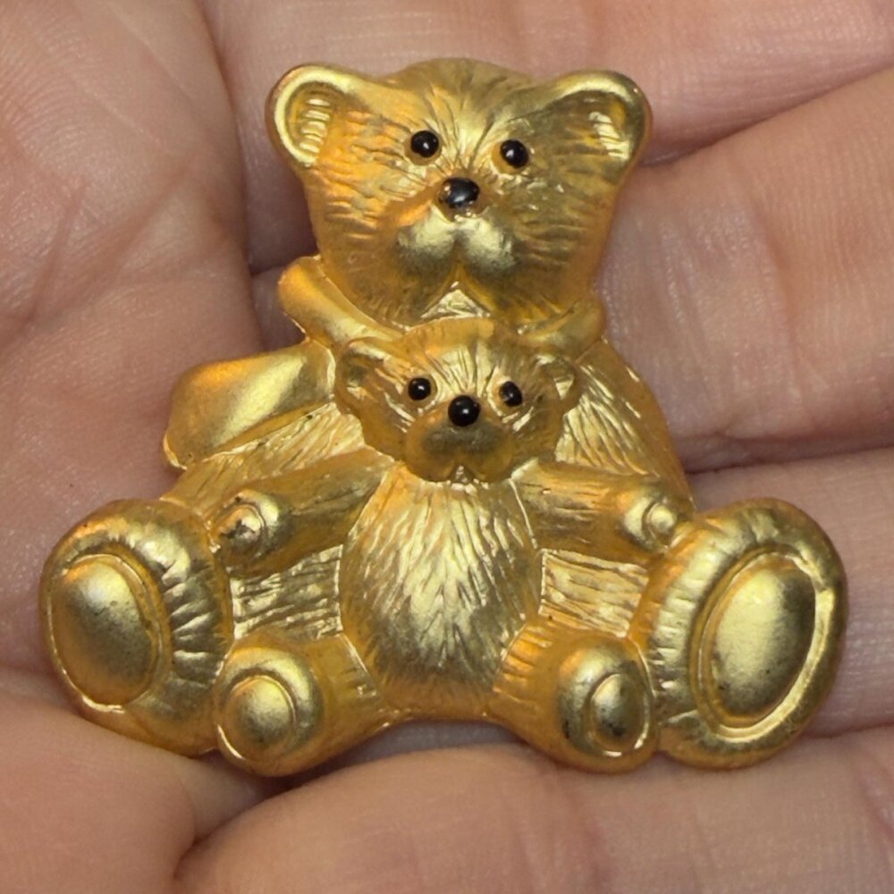 Teddy Bear Brooch SFJ Steinmetz Mother Baby Gold Tone Figural Pin 1.5”